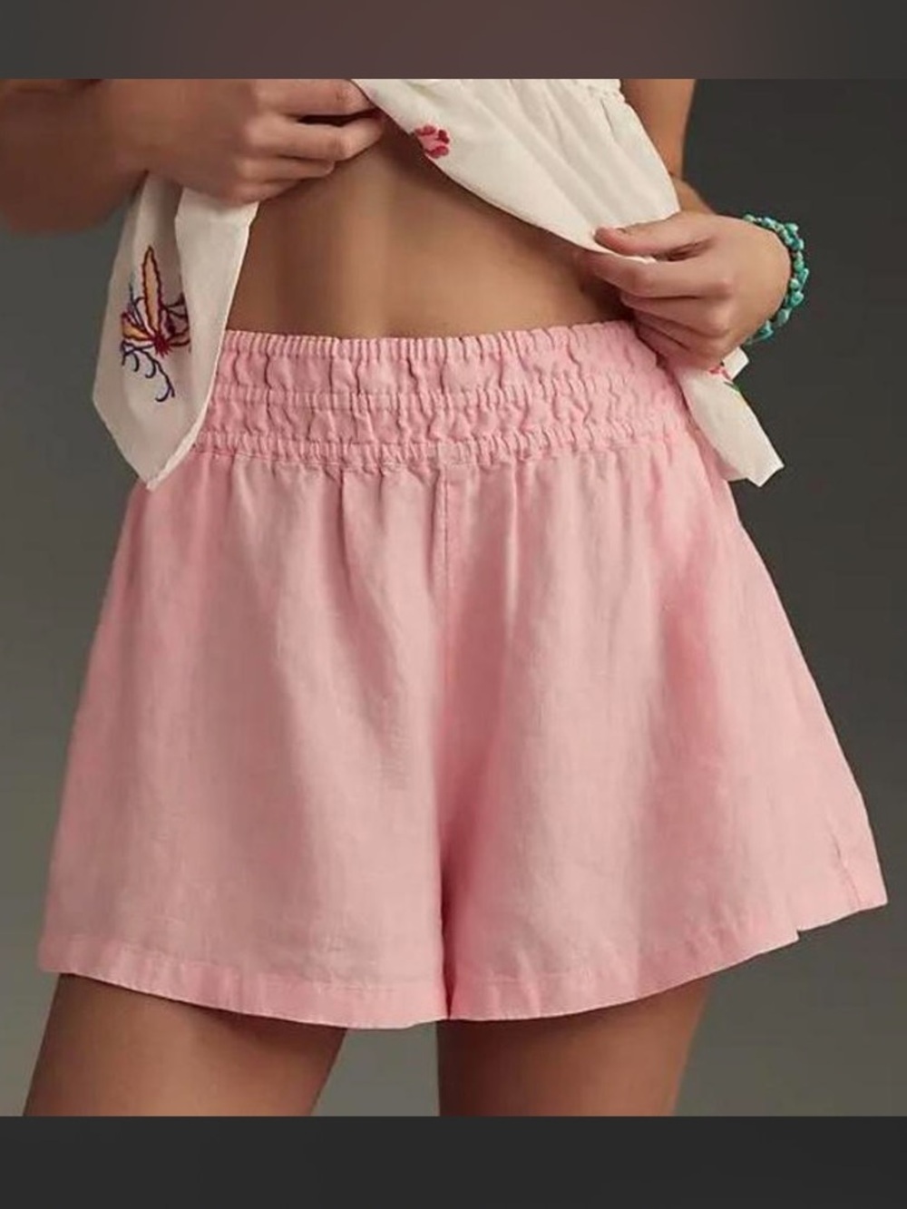 Anthropologie Somerset linen pink smocked waist pull on shorts
